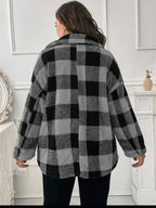 Women's Elegant Casual Plaid Jacket, Suitable for Travel, Leisure, and Strolling, a Warm, Loose-fitting Plush-patched Casual Coat - Black And Gray Grid