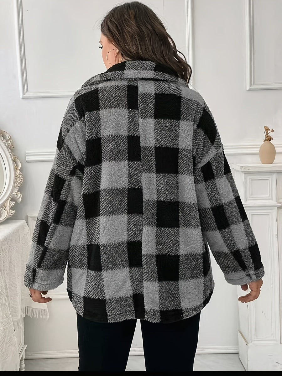 Women's Elegant Casual Plaid Jacket, Suitable for Travel, Leisure, and Strolling, a Warm, Loose-fitting Plush-patched Casual Coat - Black And Gray Grid