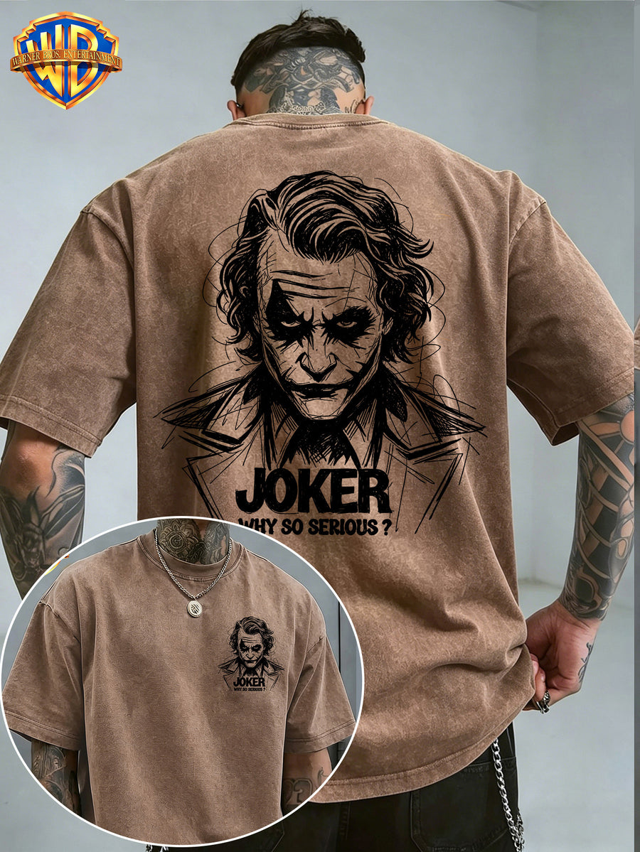 Warner Bros. Official - Cool Line Art Joker Print, American Vintage Washed Distressed T-Shirt, Suitable for Daily Commuting and Outdoor Wear, Machine Washable, Unisex - Coffee Brown