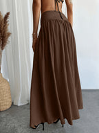 Women's Waist-Cinching Pleated Flared Skirt with Solid Pockets, Comfortable, Versatile, and Elegant, Suitable for Casual Daily Wear and Stylish Commuting, All-Season - Coffee Brown