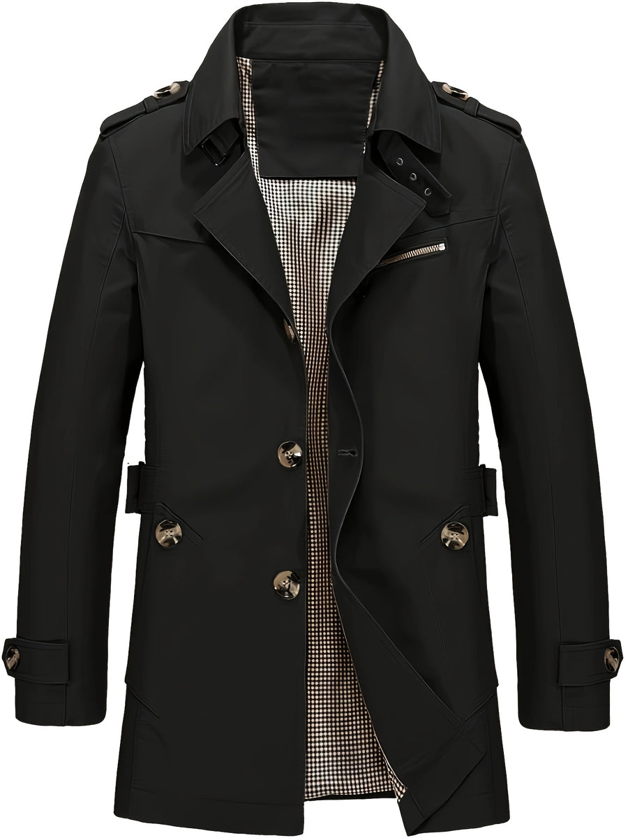 POPDOM-MEN Trench Coat - 1 Piece Men's Lightweight Jacket Overcoat, Business Windbreaker Work Jacket, Spring/Summer Fashion Casual Men's Wear, New Men's Windproof Overcoat, Suitable for Business Casual Outings - Black