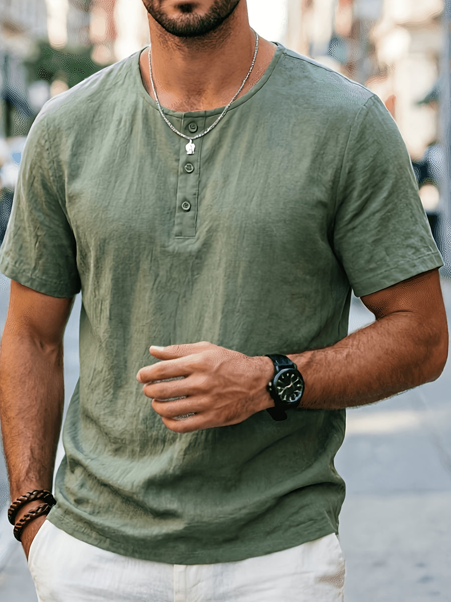 Men'S Summer -Linen Half-Zip Short Sleeve T-Shirt - Breathable Crew Neck Casual Top - Green