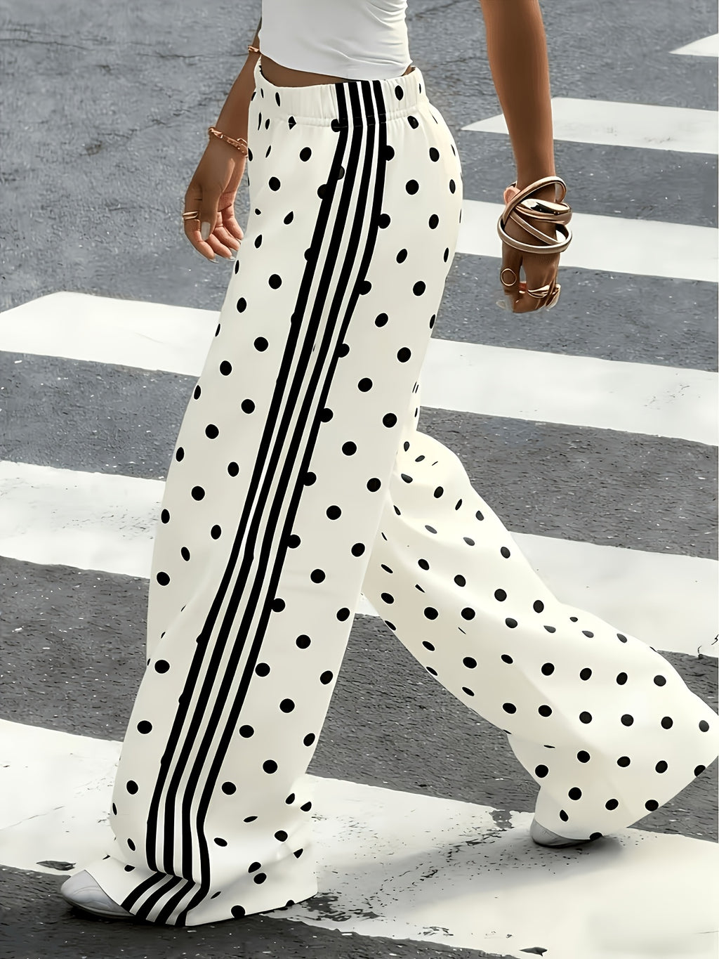 Women's New Fashion Black and White Polka Dot Side Stripe Wide-leg Pants, High-waisted,, Versatile, Straight-leg Trousers, New Style Long Pants Suitable for Outdoor Wear - Mixed colors