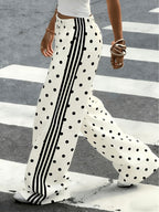 Women's New Fashion Black and White Polka Dot Side Stripe Wide-leg Pants, High-waisted,, Versatile, Straight-leg Trousers, New Style Long Pants Suitable for Outdoor Wear - Mixed colors