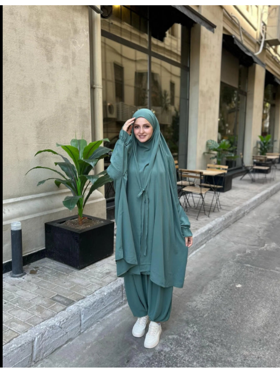 New Women's Middle Eastern Dubai Turkish Abaya Headscarf Matching S Casual Pants Set P303 - Malachite Green