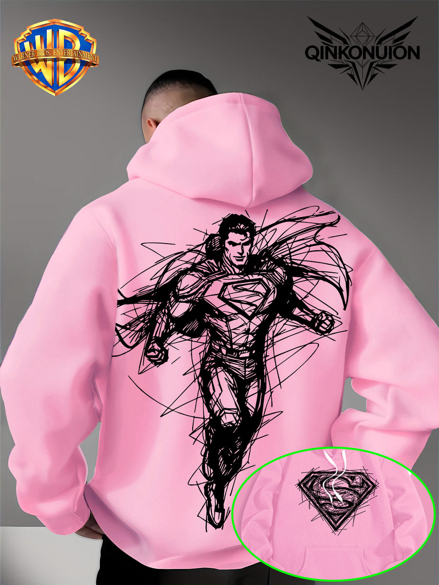 Warner Official Men'S Hooded Sweatshirt, Featuring Sketch Lines, Superhuman Flight, Dynamic And Cool Print Design, Machine Washable, Warm And Casual for Autumn And Winter, Daily Drawstring Hoodie, Multifunctional Sports And Casual Loose Fit - Pink Color