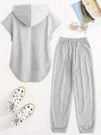 Women's Two-Piece Drawstring Sleeveless Hooded Top and Summer Letter Print Pants Set, Elastic Waist Casual Pants, Winter ; Christmas, Cyber Monday, New Year, Commuting, Casual Yet Appropriate, Daily Outfit - Grey