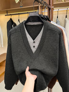 Autumn Winter New Faux Two-Piece Knit Sweater Retro Color-Block V-Neck Sweater Loose Double-Button Long Sleeve Pullover Business Casual All-Match Warm Base Layer Top Men'S Clothing - Black Gray