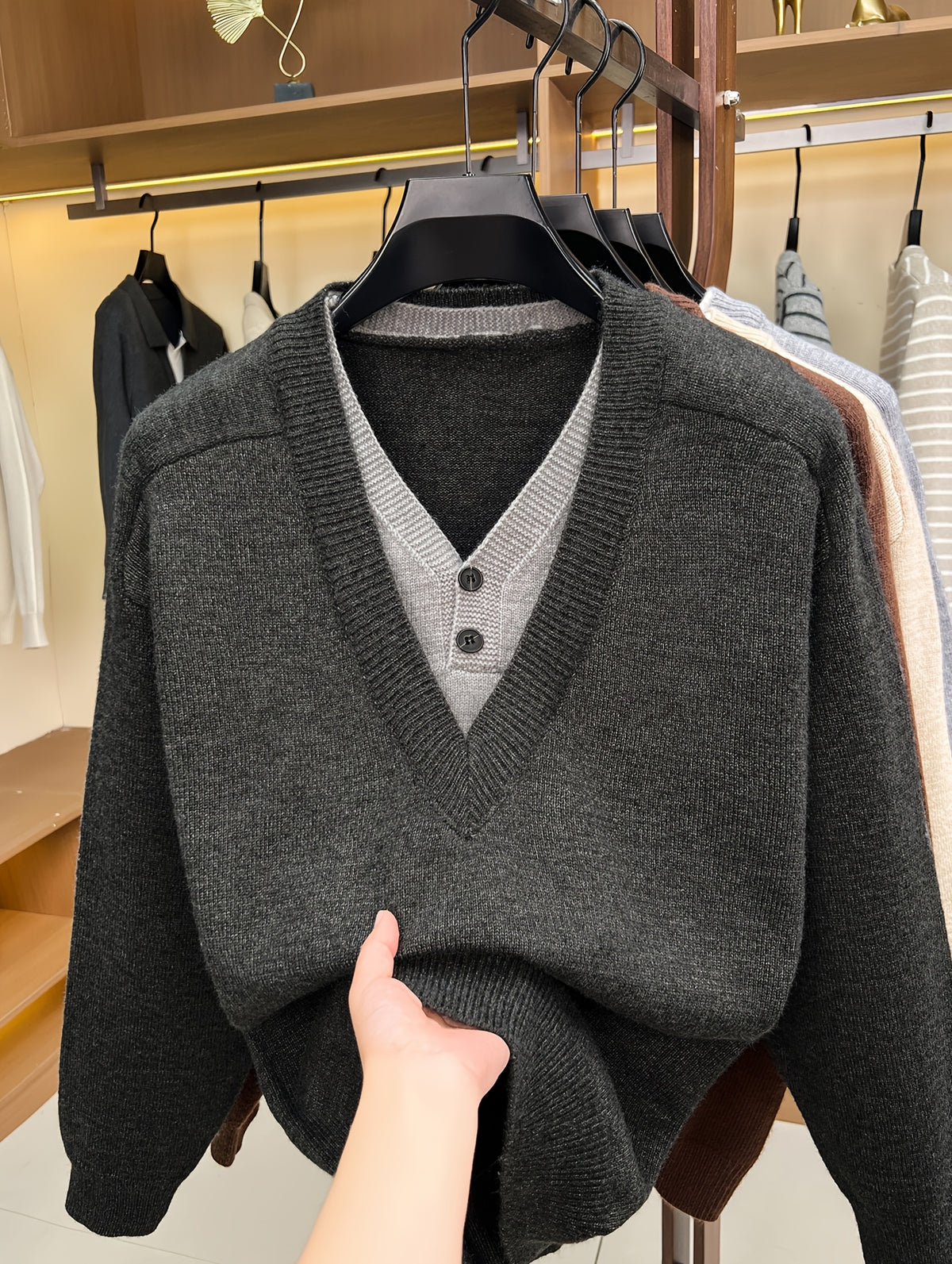Autumn Winter New Faux Two-Piece Knit Sweater Retro Color-Block V-Neck Sweater Loose Double-Button Long Sleeve Pullover Business Casual All-Match Warm Base Layer Top Men'S Clothing - Black Gray