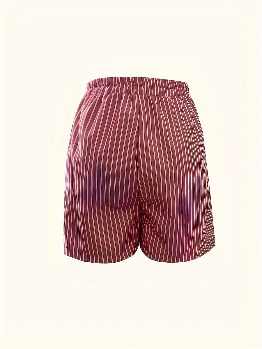 Western Style Women'S Striped Casual Shorts, Summer Loose Wide-Leg Home Pants, Wearable Outside - Brick Red