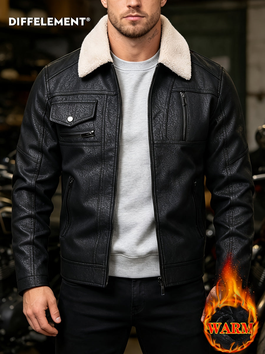 Men's Plush Lapel -Lined PU Motorcycle Jacket with Thickened Warm Lining, Vintage Texture Fabric, Multiple Zipper Pockets, Slim Fit Short Style, Autumn/Winter Riding Commuting American Casual Wear, Wear-Resistant and Windproof Lapel Outerwear Winter - Black