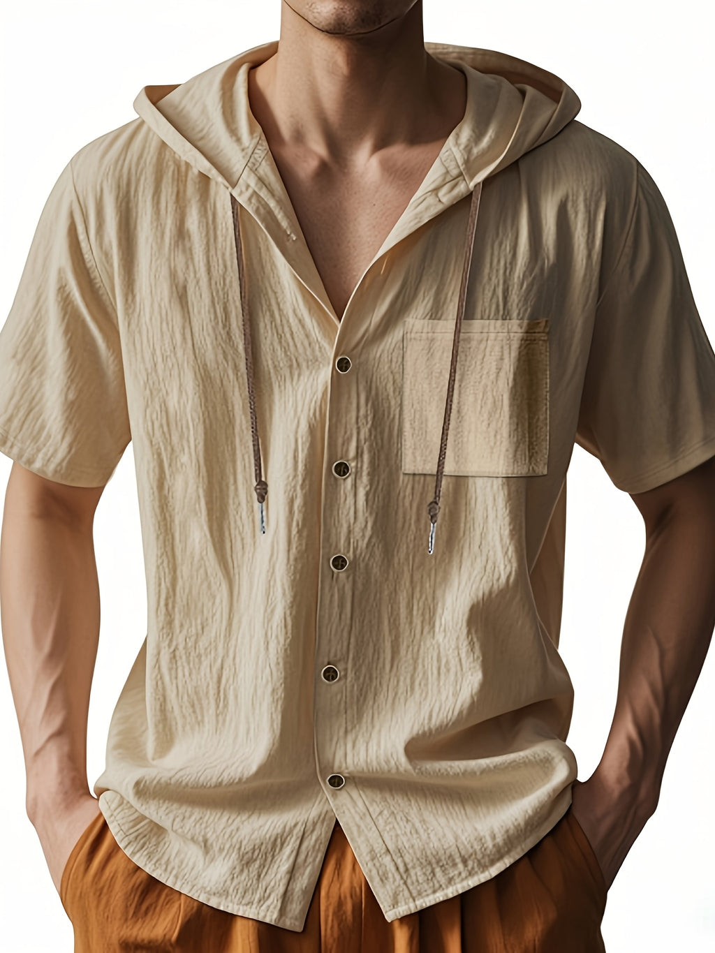 Men's Short Sleeve Hooded Shirt, Casual Button Hoodie Top with Chest Pocket, Lightweight Breathable Summer Shirt for Beach Vacation, Travel, Resort Wear, Outdoor Leisure, Streetwear Style and Daily Casual Outfit - Khaki