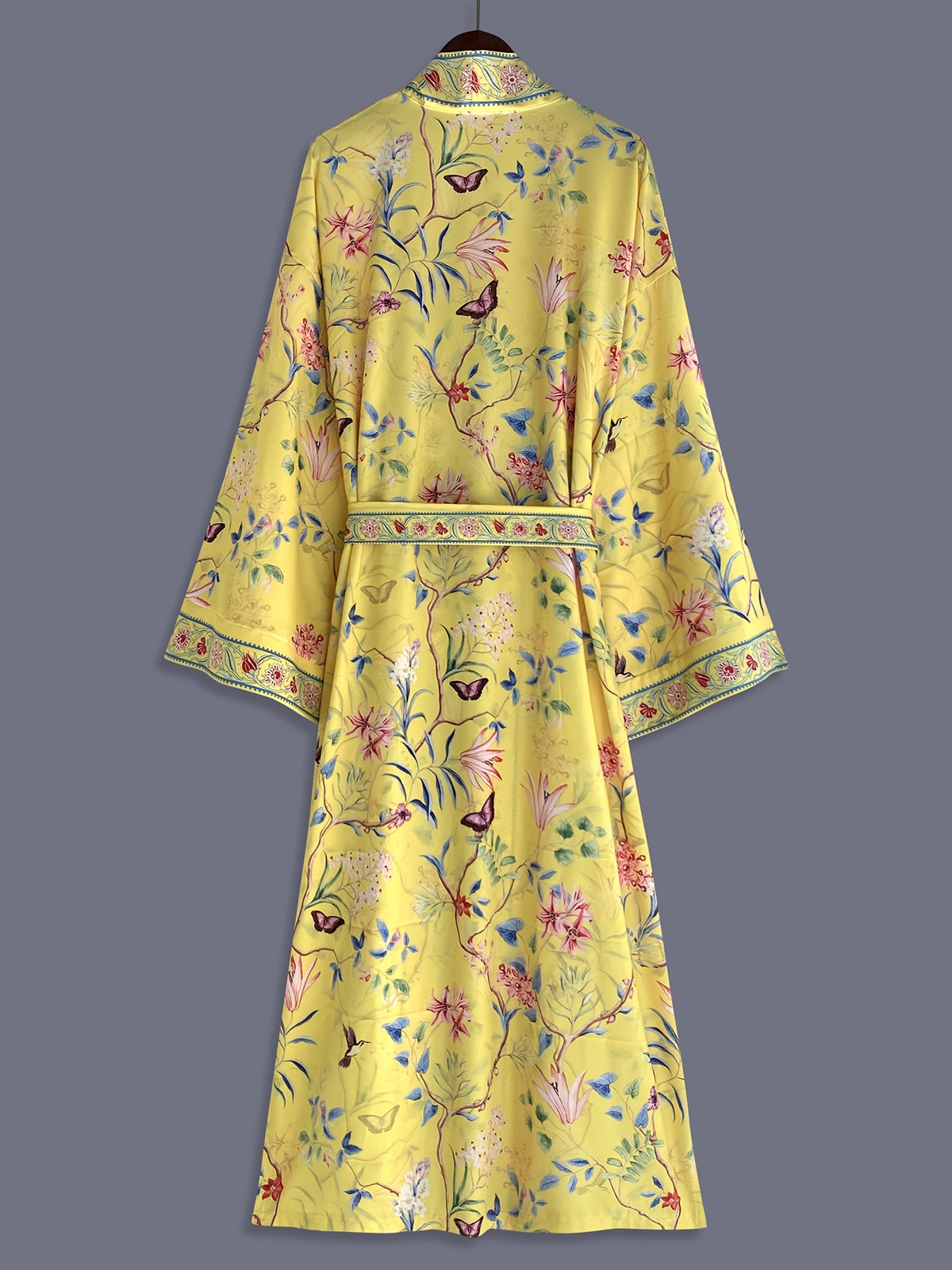 Bohemian Color-Block Small Floral Print Mid-Length Long Sleeve Kimono Cardigan Thin Jacket Women'S Elegant Casual Cover-Up Beach Vacation Resort Shawl Japanese Style Thin Cloak Jacket Hem Slit Pockets Home Bathrobe Belt Bathrobe Cover-Up Robe - Yellow