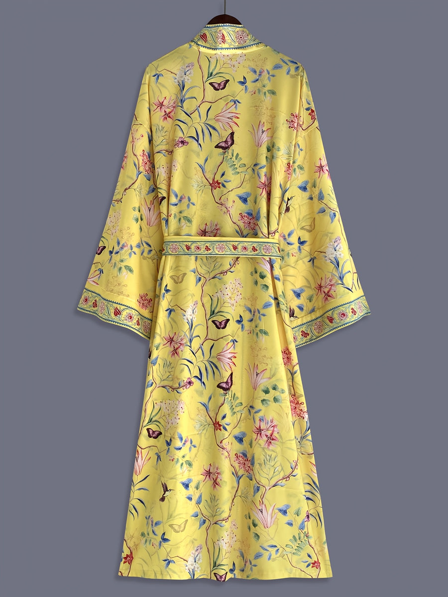 Bohemian Color-Block Small Floral Print Mid-Length Long Sleeve Kimono Cardigan Thin Jacket Women'S Elegant Casual Cover-Up Beach Vacation Resort Shawl Japanese Style Thin Cloak Jacket Hem Slit Pockets Home Bathrobe Belt Bathrobe Cover-Up Robe - Yellow