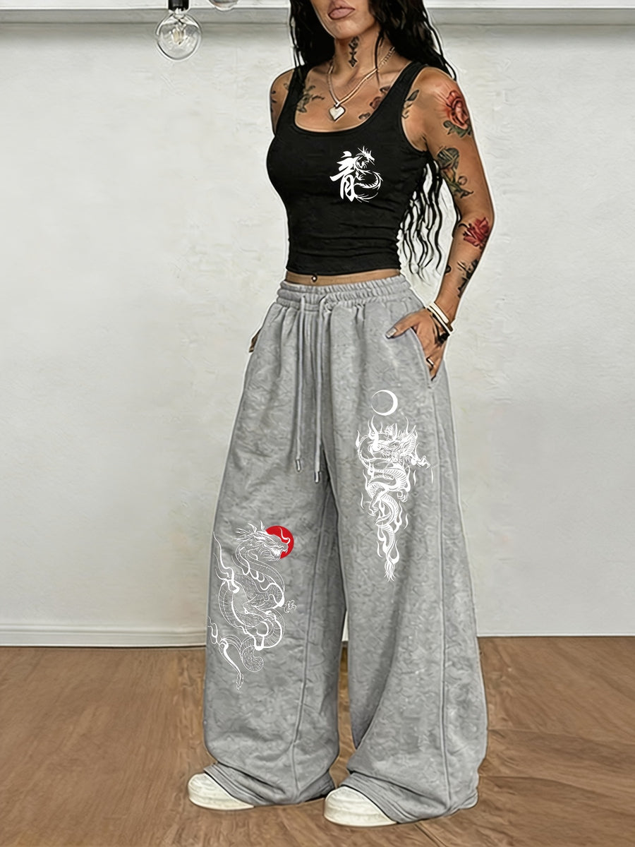 National Trend Oriental Dragon Pattern Sun And Pattern Printing, Women'S Two-Piece Set, Women'S Navel-Baring Top Vest + Elastic Waist Drawstring Casual Sports Wide-Leg Long Pants Women'S Clothing Two-Piece Set - Black+gray