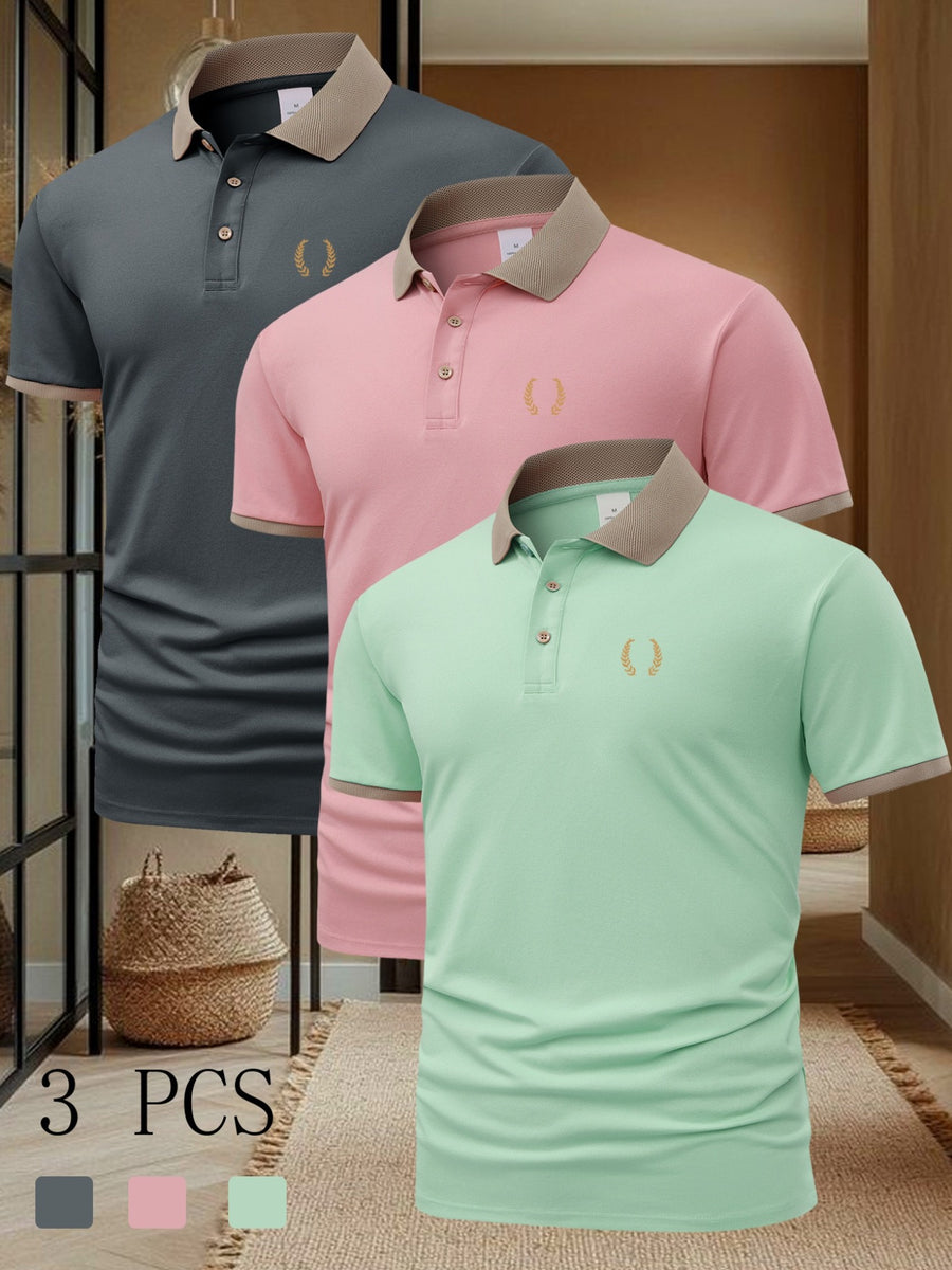 FC660 Wheat Print Pattern 3pcs Set Summer Men'S Casual Short-Sleeved POLO Shirt Lapel Top Fashion Casual Daily Business Top - Gray+Pink+Green