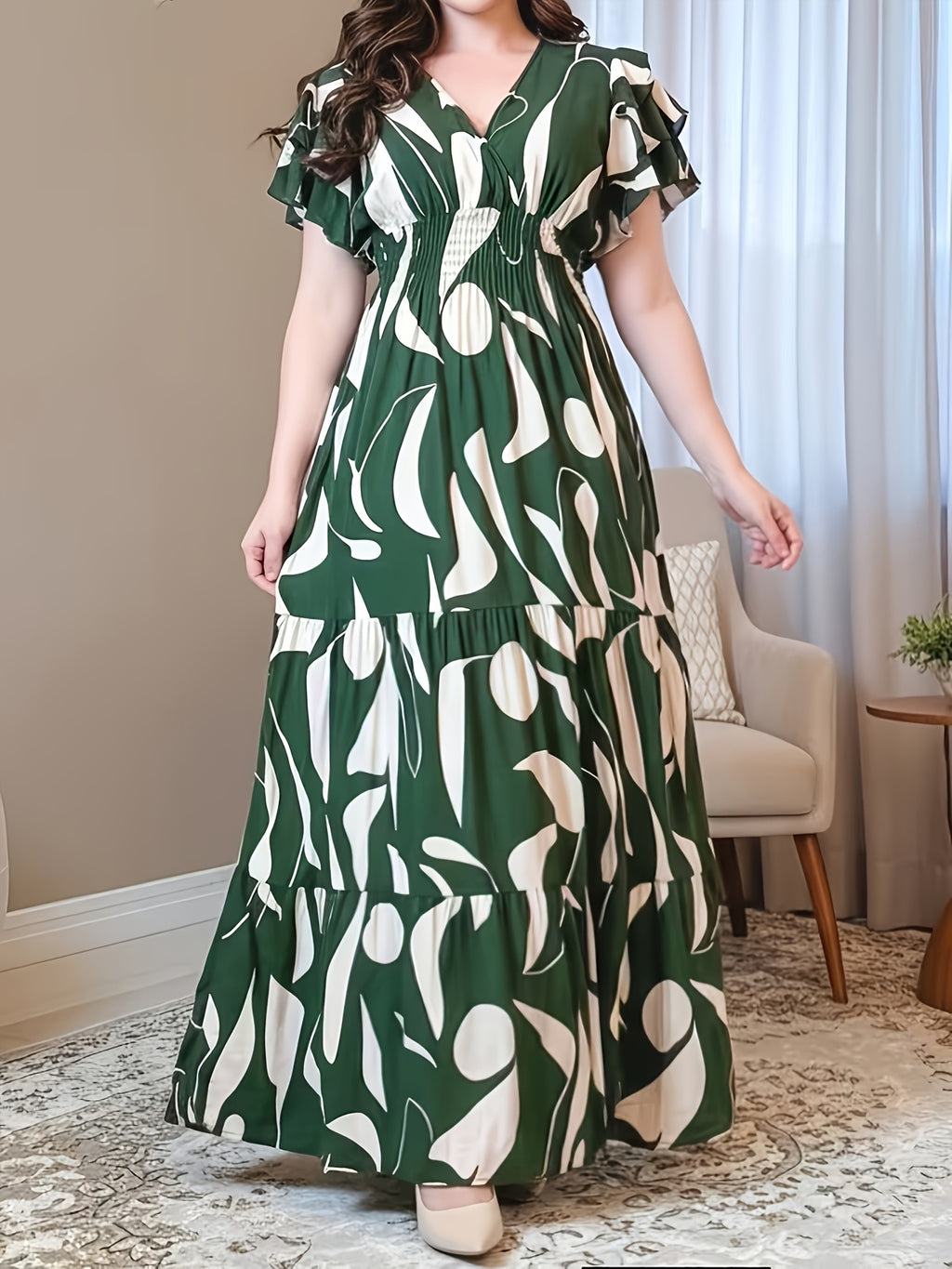 Women'S Elegant Summer Puff Sleeve Cross Neck Waist-Defining Cake Dress, Elegant Orientation - Green