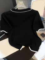 New Versatile Short Sleeve Top Casual Simple Loose Round Neck Embroidered Thin Style - Black