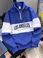 Retro American Stand-Collar Zipper Men'S Sweatshirt, Color-Block Letter Print, Thick Knit Fleece Fabric Soft And Skin-Friendly, Suitable for Daily Outings, Campus Wear, All-Season Wear, Casual Long-Sleeve Sweatshirt - Blue And White