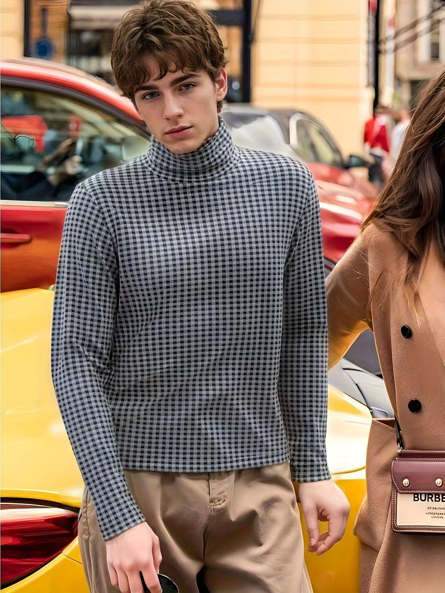 Nordic Vintage High-Neck Plaid Long-Sleeve T-Shirt for Men, Thickened for Autumn And, Soft And Warm, with a Luxurious Feel, Perfect As a Base Layer for Trendy Couples And Youth - Black And Gray Grid