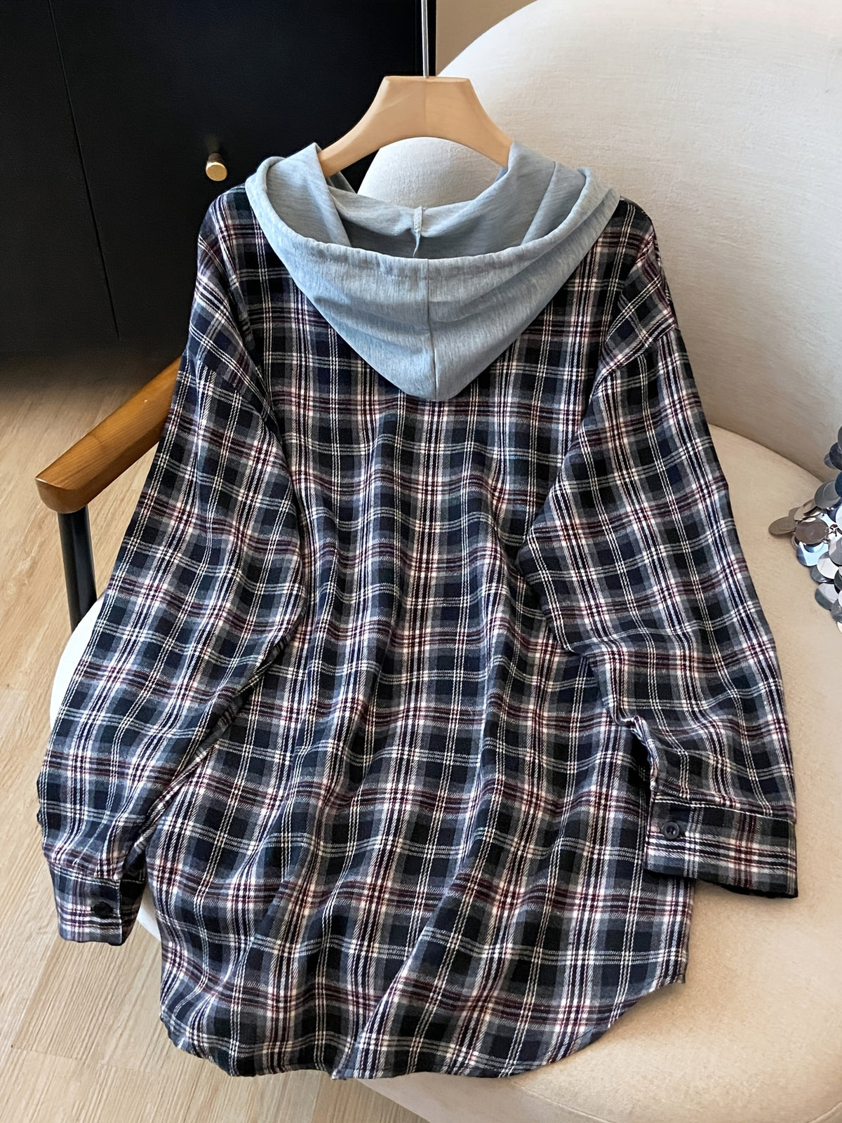 Plus Size, Spring Women's New Arrival Clothing, Autumn Women's Fashion Casual Wear, Plaid Hooded Long-Sleeve Shirt, Plus Size Women's Shirt, Oversized Top, Autumn Hooded Cardigan, Fashion Plaid Shirt, Korean Style Women's Clothing, Women's Winter - Brick Red