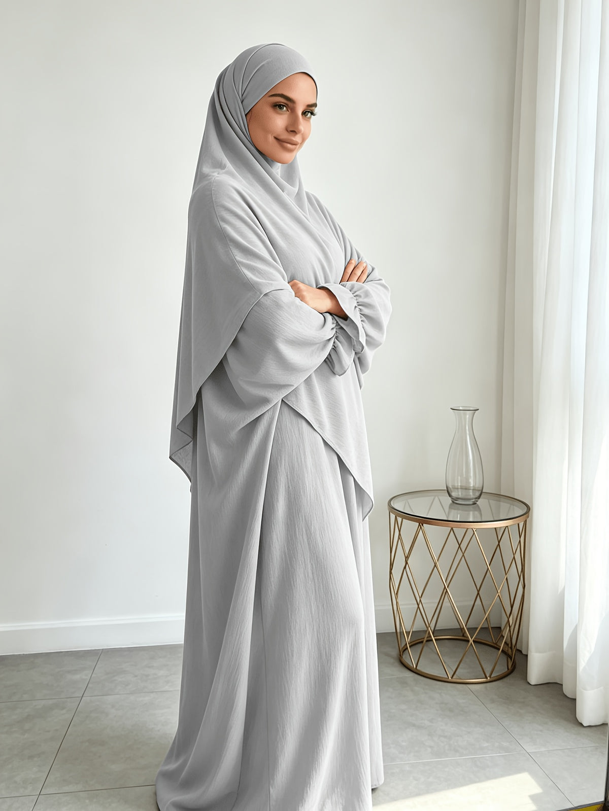 A Khimar + Abaya Prayer Jilbab Suit, a Fashionable and Elegant Vacation Set Featuring a Pure-color, Simple Single-layer Headscarf and a Light, Breathable, Comfortable Horn-sleeve Loose Dress. This Women's Abaya Combination Set Is Ideal for Muslim - Light Grey