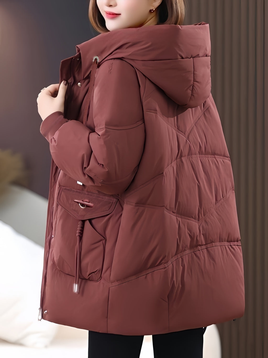 Autumn/Winter Elegant Temperament Commuter Mid-Length Hooded Women's Jacket with Large Pockets, Zipper Faux Puffer Coat, Women's Winter Overcoat - Burgundy