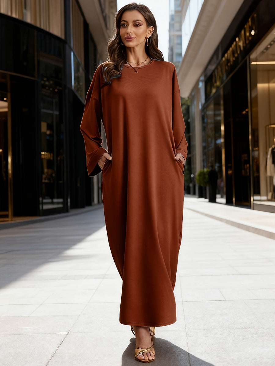 1pc Autumn/Winter Fashion Simple Pullover Abaya Sweatshirt Dress, Modest Muslim Home Casual Wear - Light Brown-1