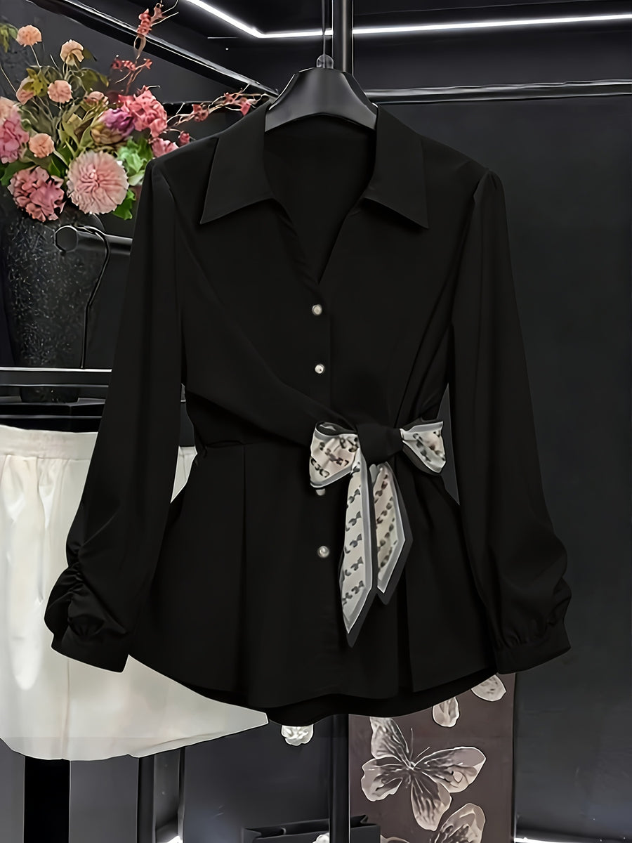 High-End Feel Commuter Versatile Exquisite Women's Shirt, Spring/Summer New Arrival Long-Sleeve Top, Waist-Cinching Stylish Blouse - Black