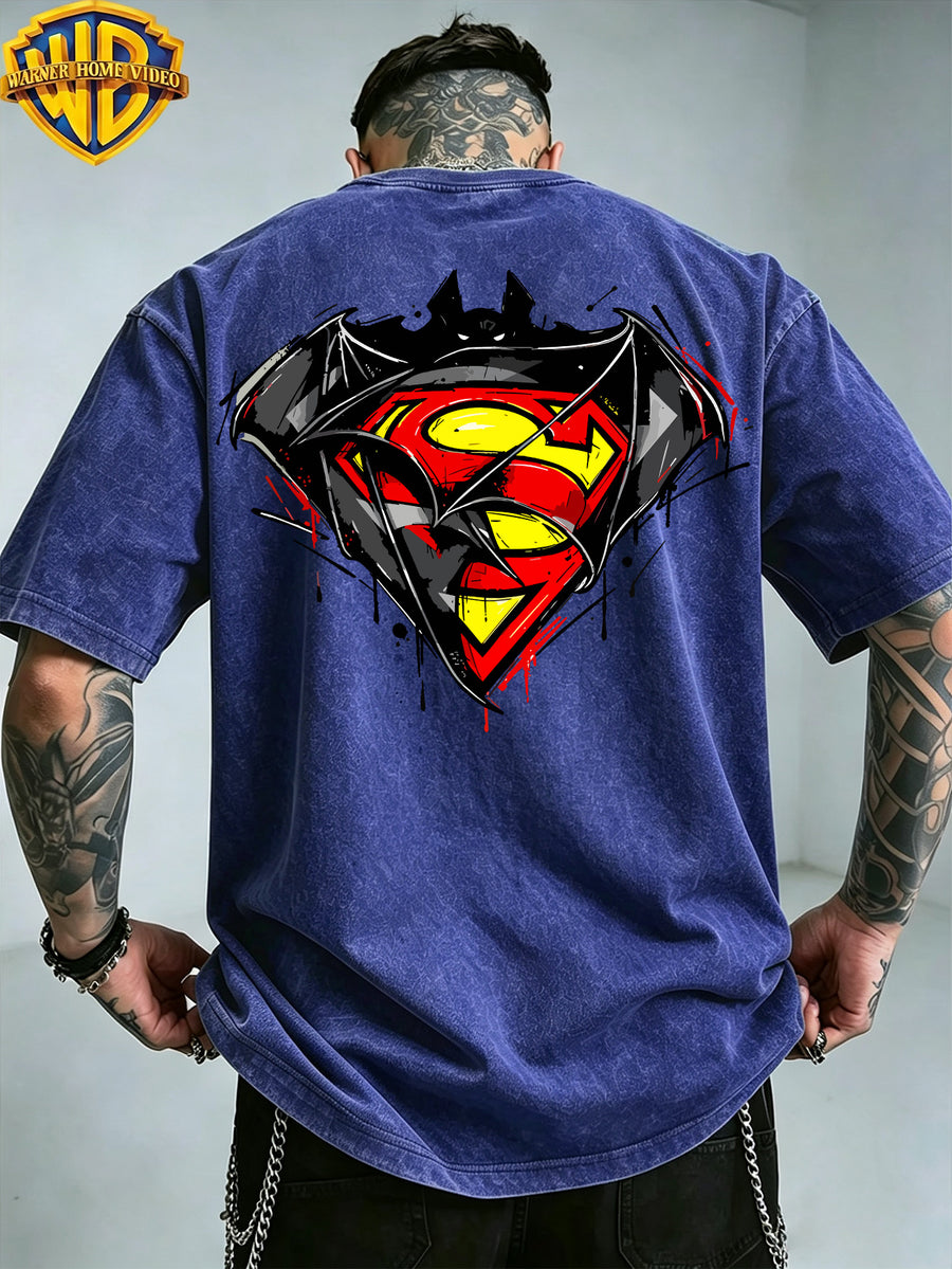 Warner Bros. Exclusive License, Hip-Hop Street DC Superman Batman Logo Print Design Men'S Summer Loose Round Neck Commuter Short Sleeve T-Shirt, Multi-Style, Loose Fit, Suitable for Summer Wear, Suitable for Outdoor Activities, Fitness, Parties - Royal blue color