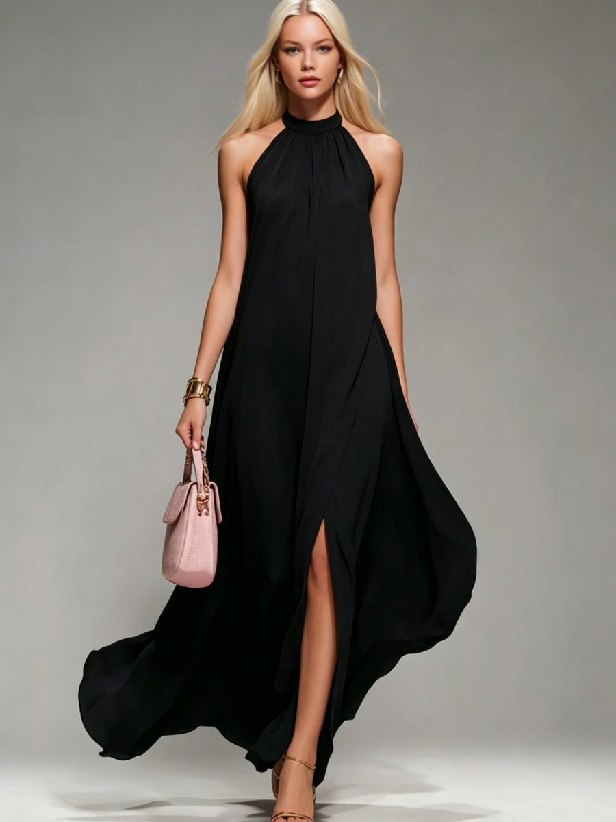 New Spring/Summer 2026 Small Round Neck Fashionable Split Versatile Women's Dress - Black