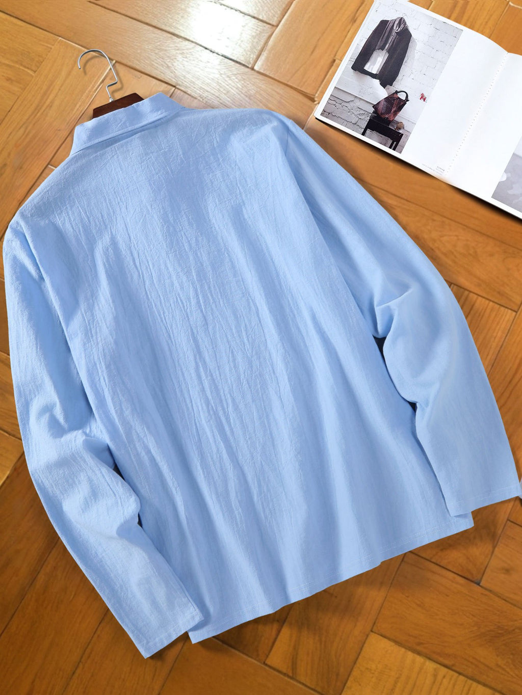 Men's Fashion Long-Sleeve Linen Shirt - Seaside Vacation Casual Top, Button-Up with Half-Open Placket, Lightweight, Loose, and Comfortable, Perfect as a Summer T-Shirt or Gift - Sky Blue