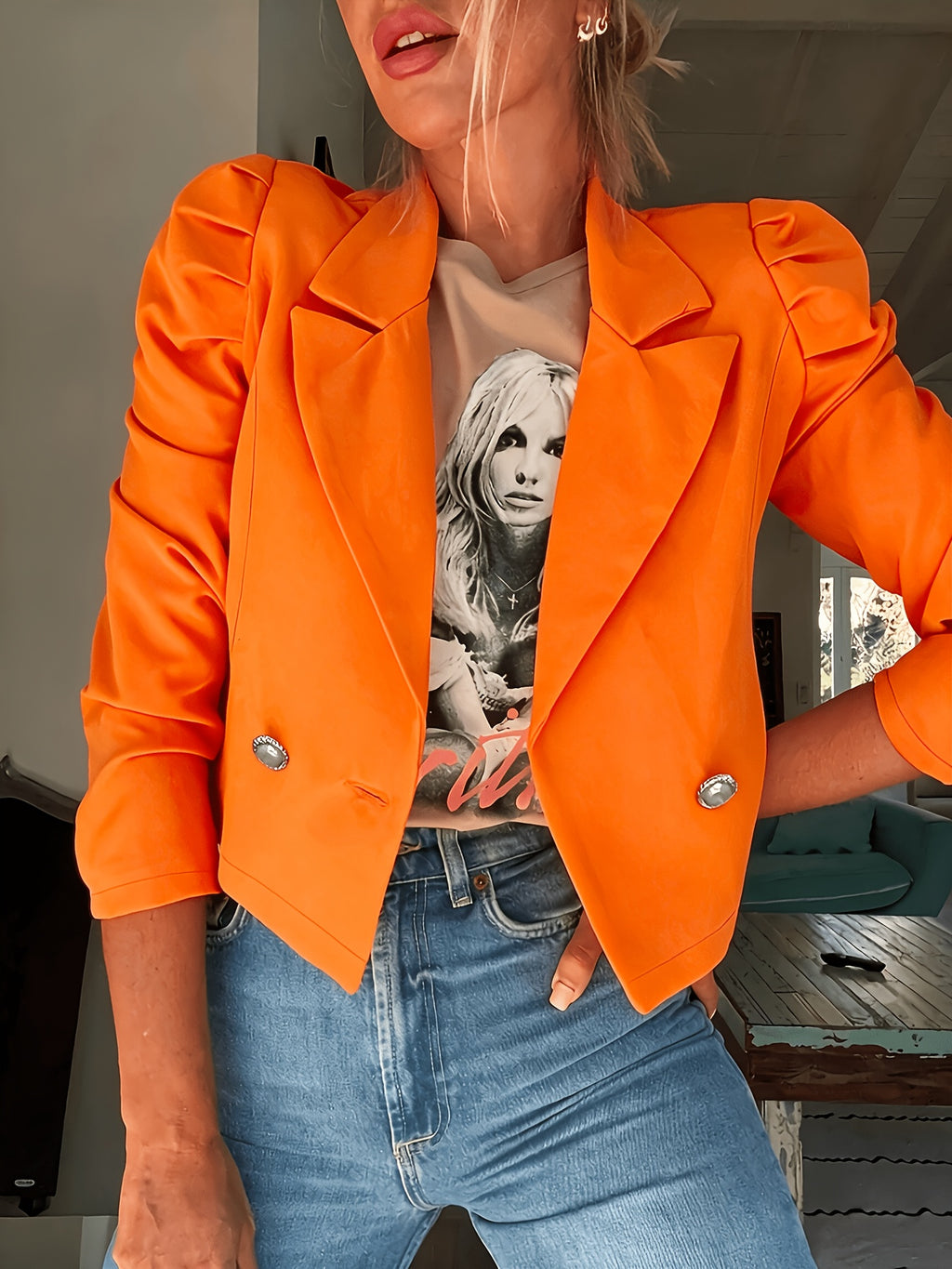YYTT Autumn Winter New Fashion Temperament Elegant Commute Office All-Match Puff Sleeve Short Suit Jacket/Women'S Autumn Winter Coat - Orange