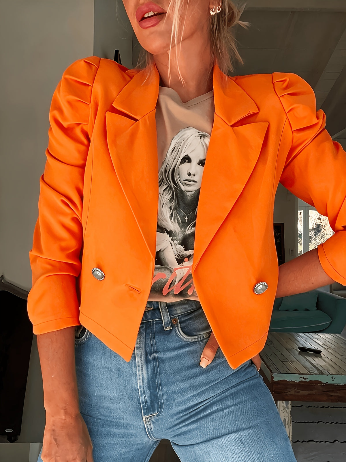 YYTT Autumn Winter New Fashion Temperament Elegant Commute Office All-Match Puff Sleeve Short Suit Jacket/Women'S Autumn Winter Coat - Orange