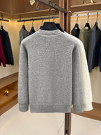 Du Jing Lan OBM Spring/Autumn New Arrival Men's Knit Pullover, Old Money Style Contrast Color Half-Open Placket Crew Neck Long Sleeve Knit Pullover, Men's Business Casual Fashion Ribbed Sweater, Suitable for Layering or Wearing as an Inner Layer - Grey