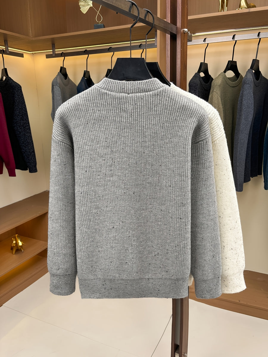 Du Jing Lan OBM Spring/Autumn New Arrival Men's Knit Pullover, Old Money Style Contrast Color Half-Open Placket Crew Neck Long Sleeve Knit Pullover, Men's Business Casual Fashion Ribbed Sweater, Suitable for Layering or Wearing as an Inner Layer - Grey