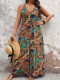 Women's Casual Vacation Print Jumpsuit, V-neck Sleeveless Design, Wide-leg Silhouette, Suitable for Vacation and Daily Wear - Mixed colors