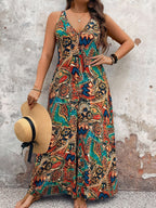 Women's Casual Vacation Print Jumpsuit, V-neck Sleeveless Design, Wide-leg Silhouette, Suitable for Vacation and Daily Wear - Mixed colors