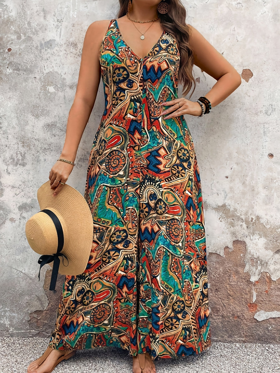 Women's Casual Vacation Print Jumpsuit, V-neck Sleeveless Design, Wide-leg Silhouette, Suitable for Vacation and Daily Wear - Mixed colors
