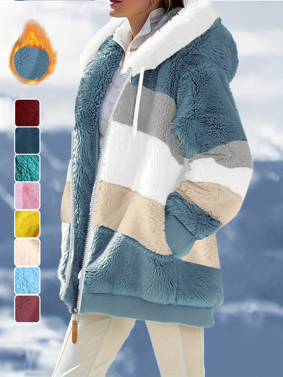 Women's Fuzzy Hooded Jacket Color Block Zip-Up Coat Warm Outerwear with Pockets for Autumn Winter Casual Outdoor Wear - Peacock Blue