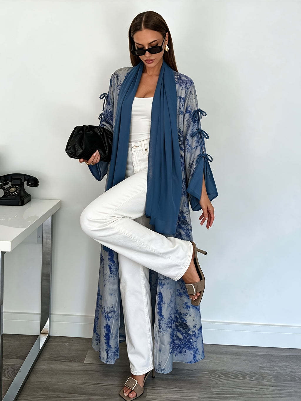 1 Set Women's Tie-Dye Print Open Front Long Kimono Cardigan, Flare Sleeve with Side Bow Detail Maxi Cover-Up, Modest Dubai Abaya Outerwear for Daily and Vacation Wear, Ink Wash Tie-Dye Print Long Open Abaya Kimono, Bell Sleeve with Side Self-Tie Bow - Navy Color