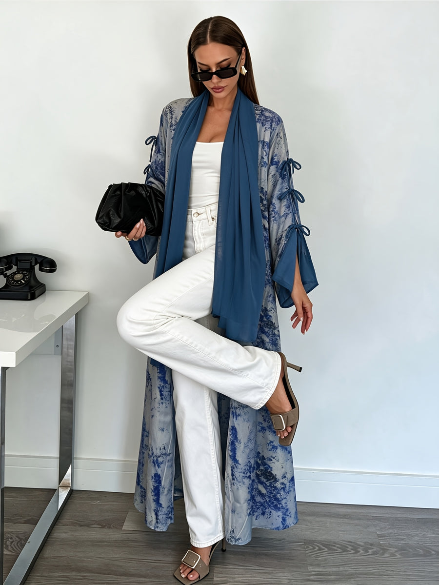 1 Set Women's Tie-Dye Print Open Front Long Kimono Cardigan, Flare Sleeve with Side Bow Detail Maxi Cover-Up, Modest Dubai Abaya Outerwear for Daily and Vacation Wear, Ink Wash Tie-Dye Print Long Open Abaya Kimono, Bell Sleeve with Side Self-Tie Bow - Navy Color