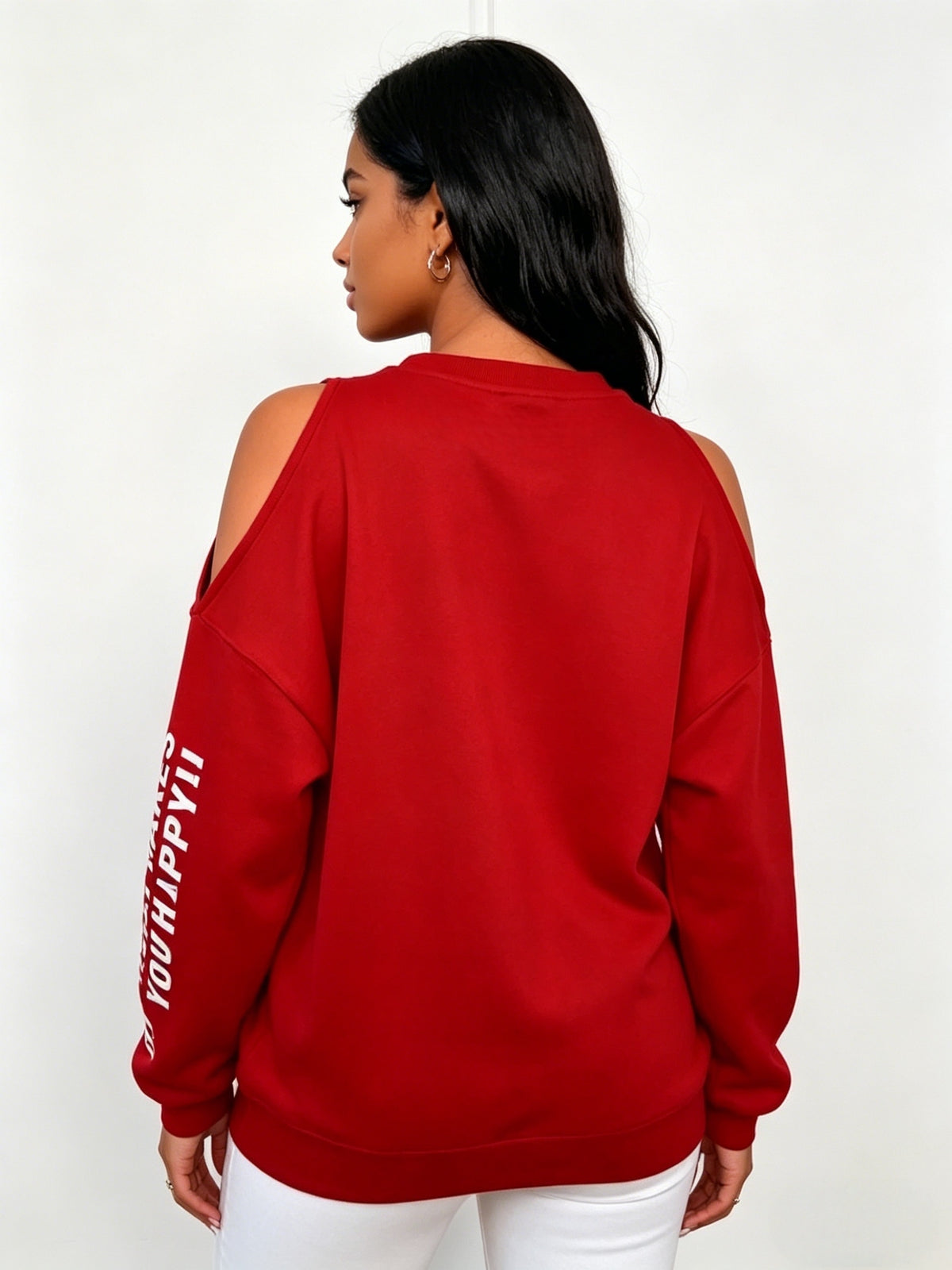 Women'S Loose Casual Letter Print Off-Shoulder Long Sleeve Base Layer Sweatshirt, Spring Autumn Commute Back-To- Outfit - Brick Red