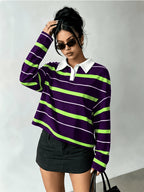 [Printed Design – Not Textured] Women's New Long-Sleeve Fashionable and Versatile Polo Shirt, American Vintage Striped Style in Black, Light Blue, and White Contrasting Horizontal Stripes with White Collar and Printed Long Sleeves. A Flattering - Purple