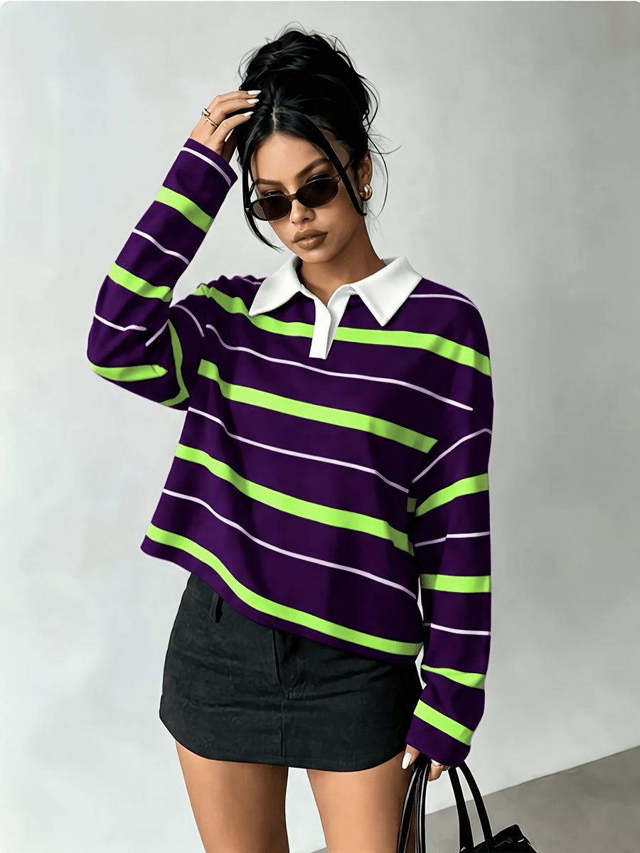 [Printed Design – Not Textured] Women's New Long-Sleeve Fashionable and Versatile Polo Shirt, American Vintage Striped Style in Black, Light Blue, and White Contrasting Horizontal Stripes with White Collar and Printed Long Sleeves. A Flattering - Purple