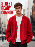 Daily Deal 1pc Men's Cable Knit Cardigan, V-Neck Button-Front, Textured Twist Knit, Retro Casual Street Style, Spring & Fall Loose Fit Daily Sweater Outerwear - Red