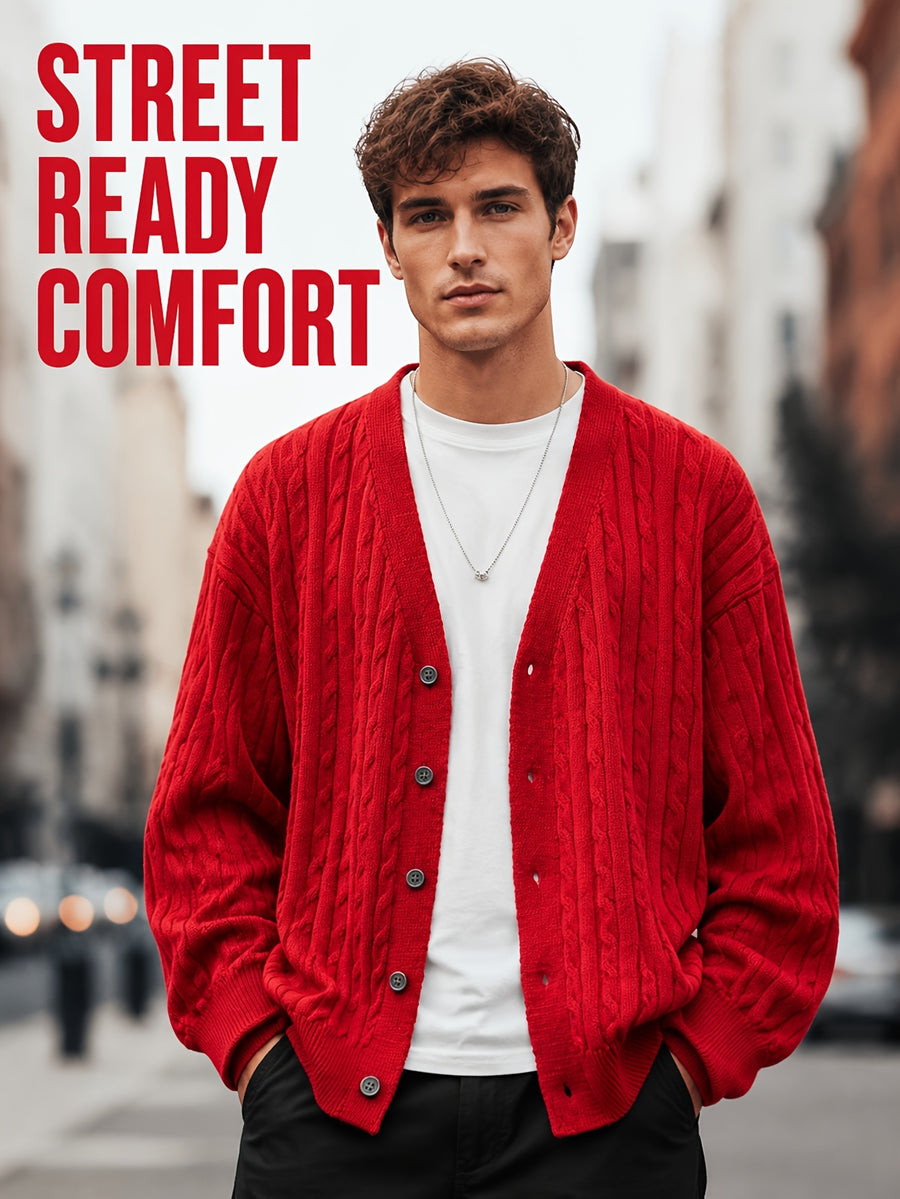 Daily Deal 1pc Men's Cable Knit Cardigan, V-Neck Button-Front, Textured Twist Knit, Retro Casual Street Style, Spring & Fall Loose Fit Daily Sweater Outerwear - Red