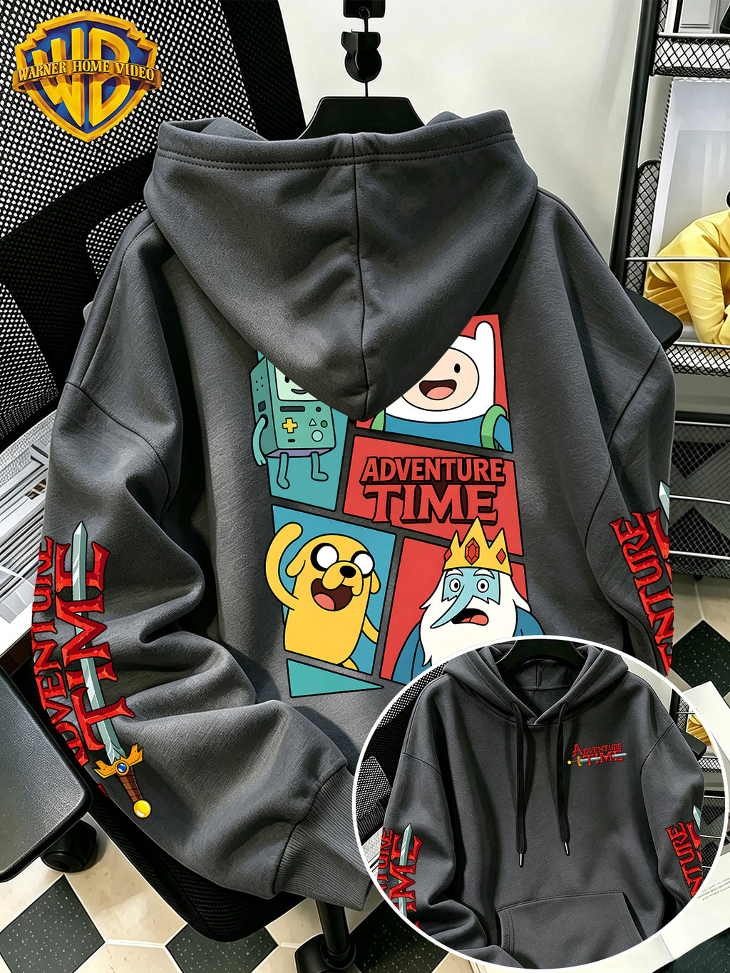 Adventure Time 4-Panel Comic Cartoon Pattern Print Hooded Sweatshirt - Men'S Casual All-Match Pullover, Comfortable Autumn/Winter Wear, for Sports, Outdoors, Picnics, Travel, Daily/Commute/Home Choice, Perfect Gift for Lovers And Friends - Unisex - Dark Gray