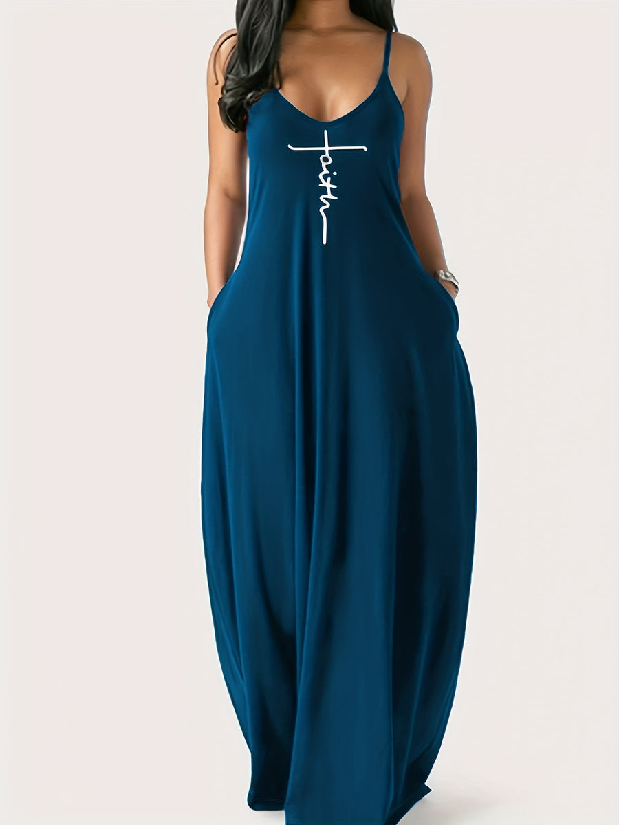 Oriented to European And American Foreign Trade Cross-Border New Women'S Long Dress, Slim And A-Line Solid Color Pattern Suspender Dress - Peacock Blue