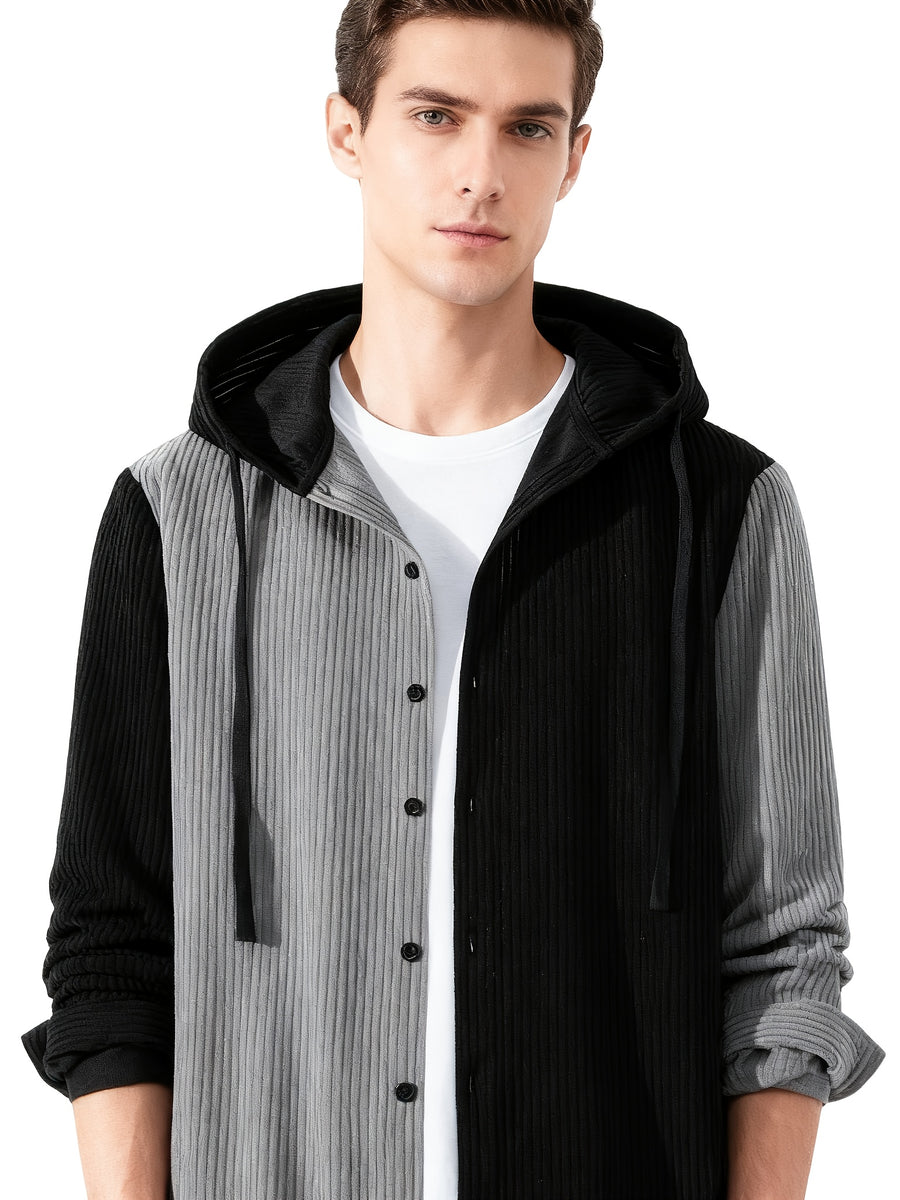 Men's Solid Color Patchwork Spring-Autumn Fashion Long-Sleeved Hooded Shirt Sweater Coat - Silvery Grey